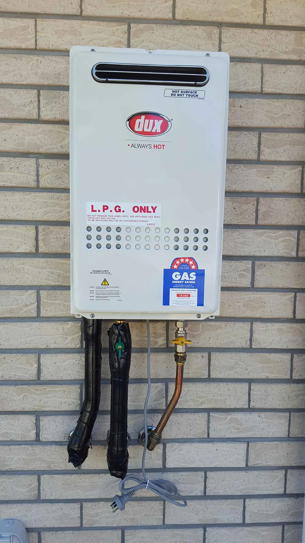Dux continuous flow LPG gas hot water unit installed on a brick wall with new pipework